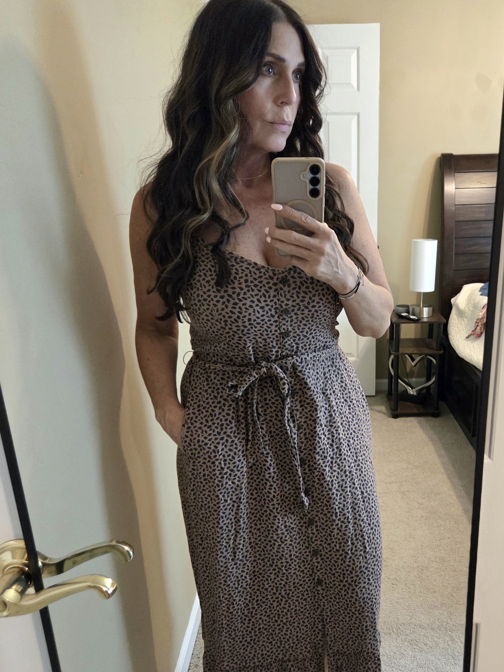 Abercrombie & Fitch Tan Leopard-Print Midi Dress with Tie Waist